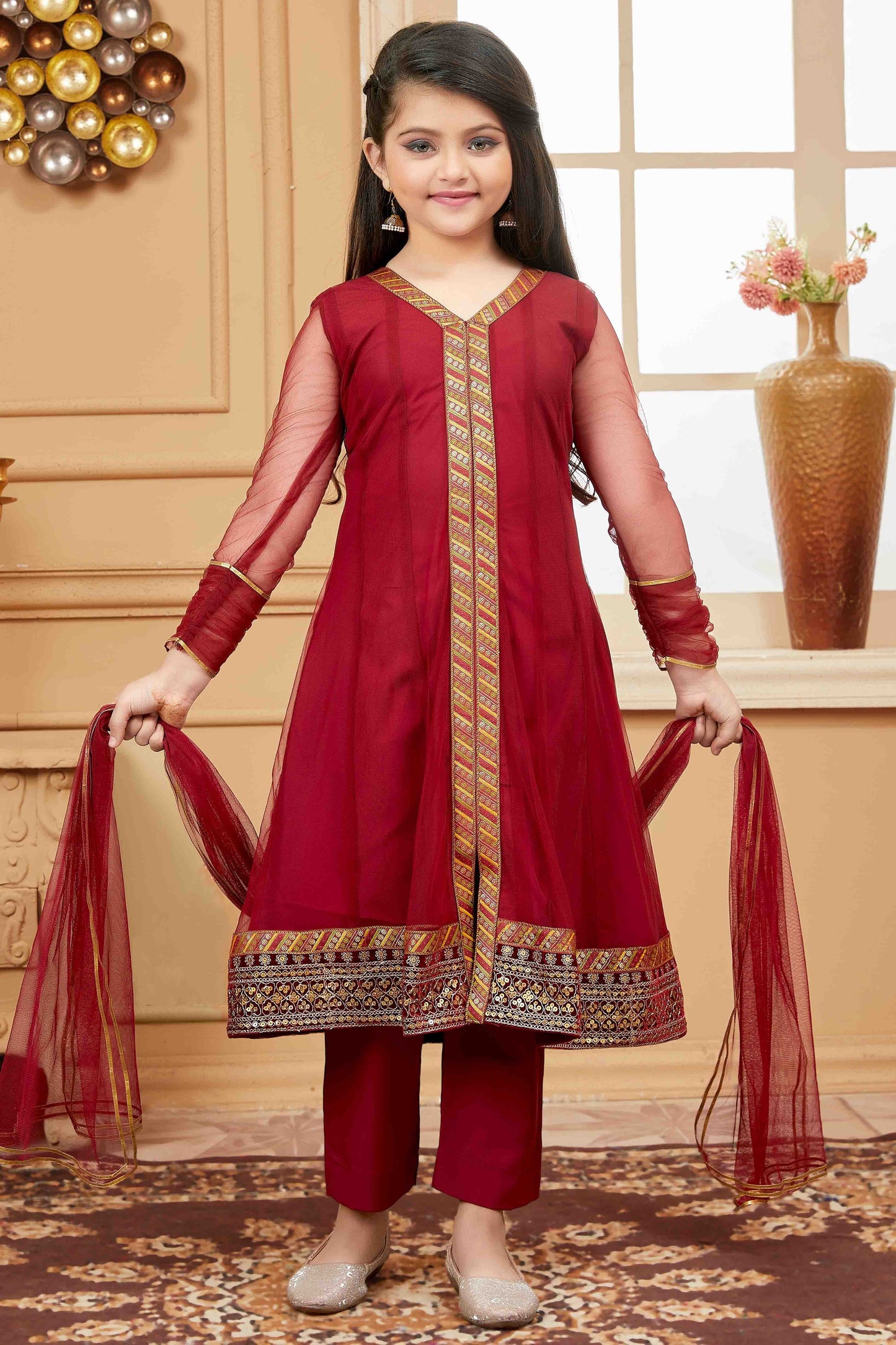 Maroon Net Pant Style Suit NCGW10710808