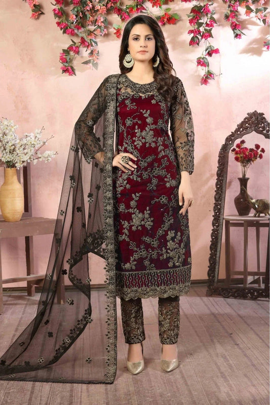 Maroon Net Pant Style Suit NCSM10510331