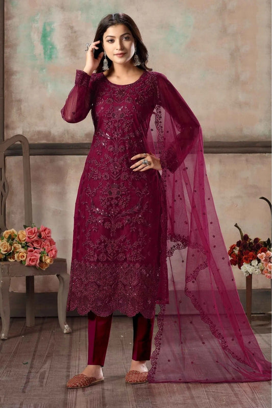Maroon Net Pant Style Suit NCSM10510332