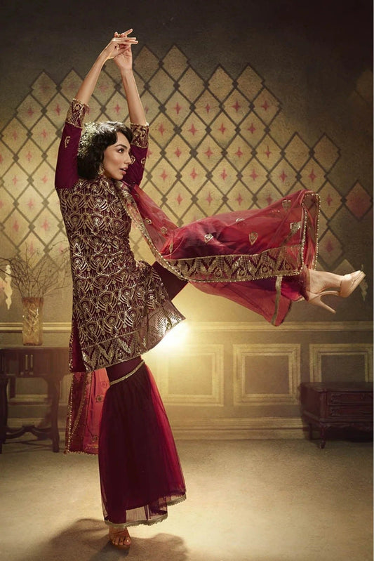Maroon Net Sequins Sharara Suit NCSM10810362