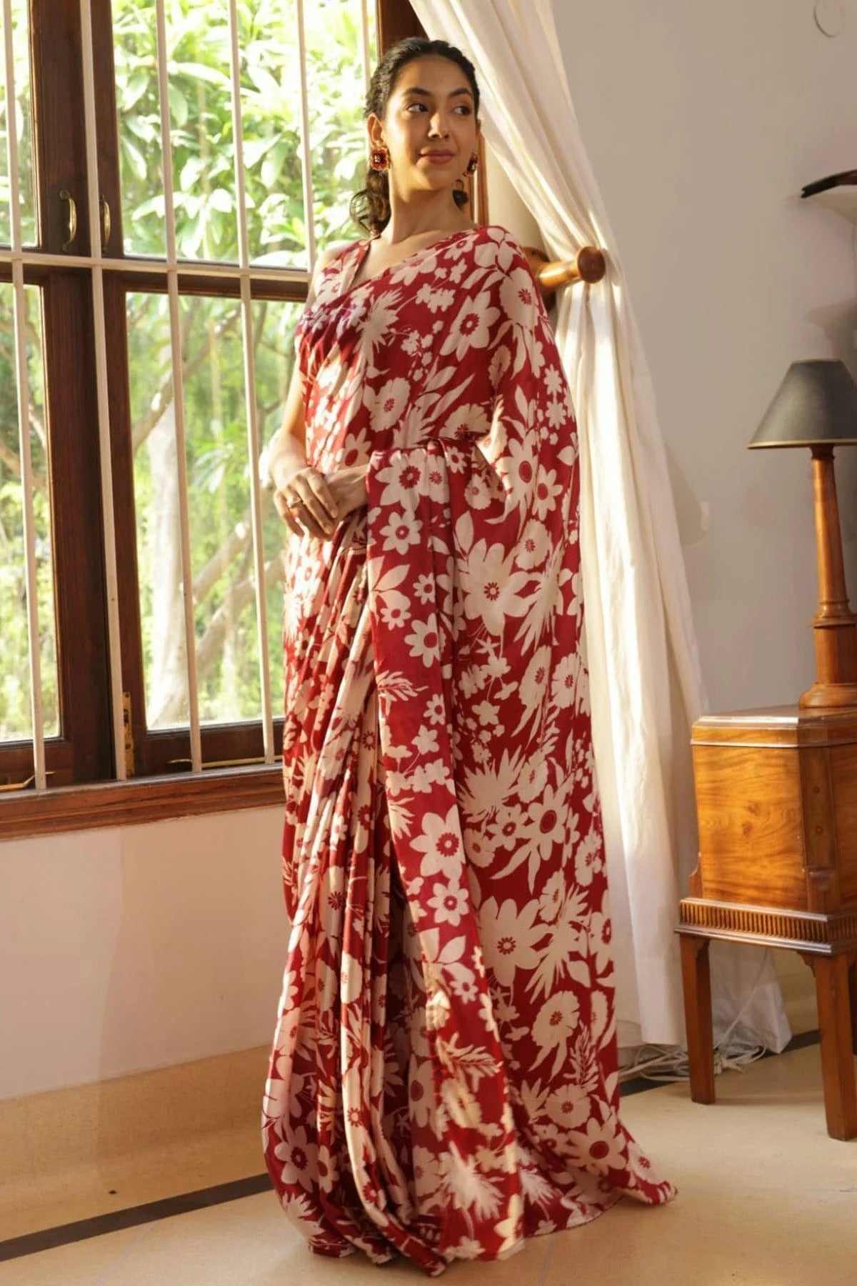Maroon Nylon Japan Satin Printed Saree NCSD11111815
