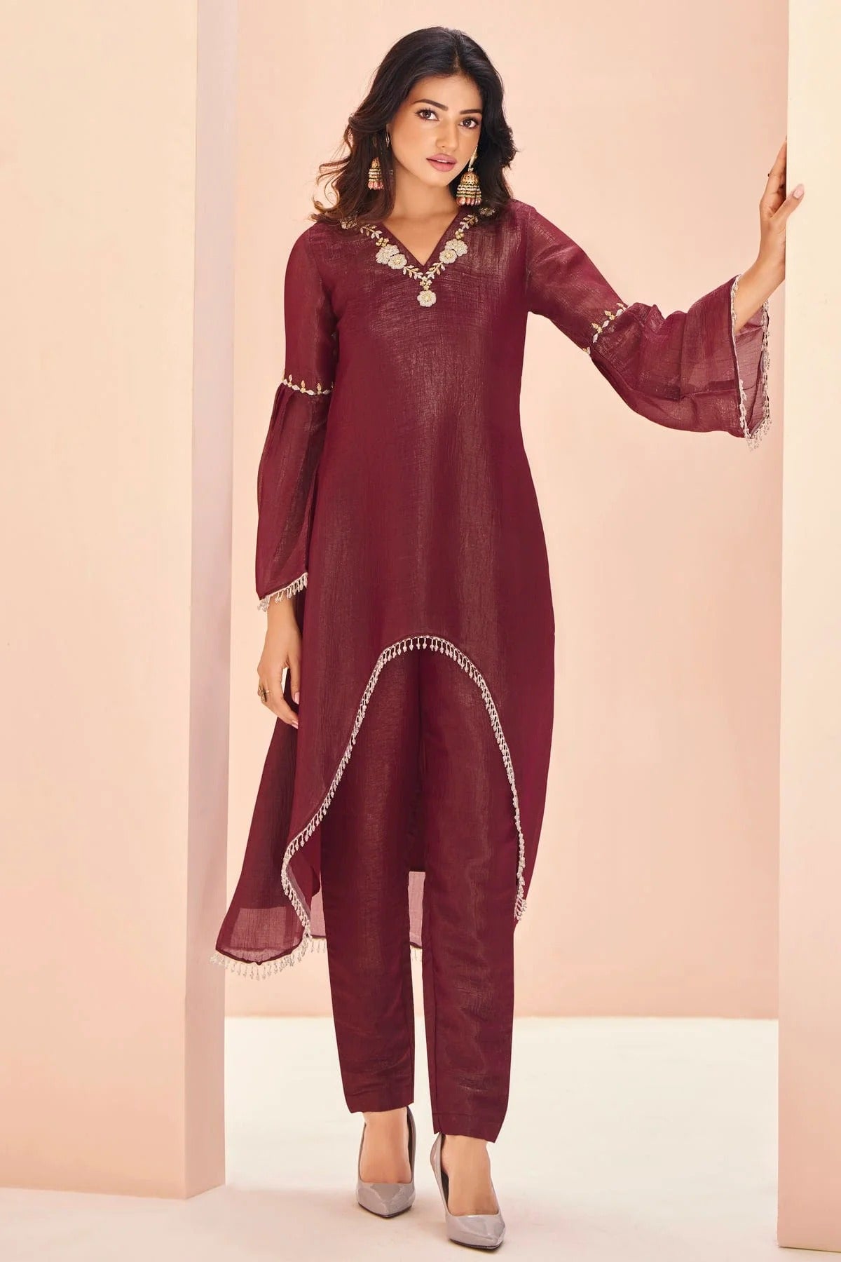 Maroon Organza Indo Western Dress NCTP10810151