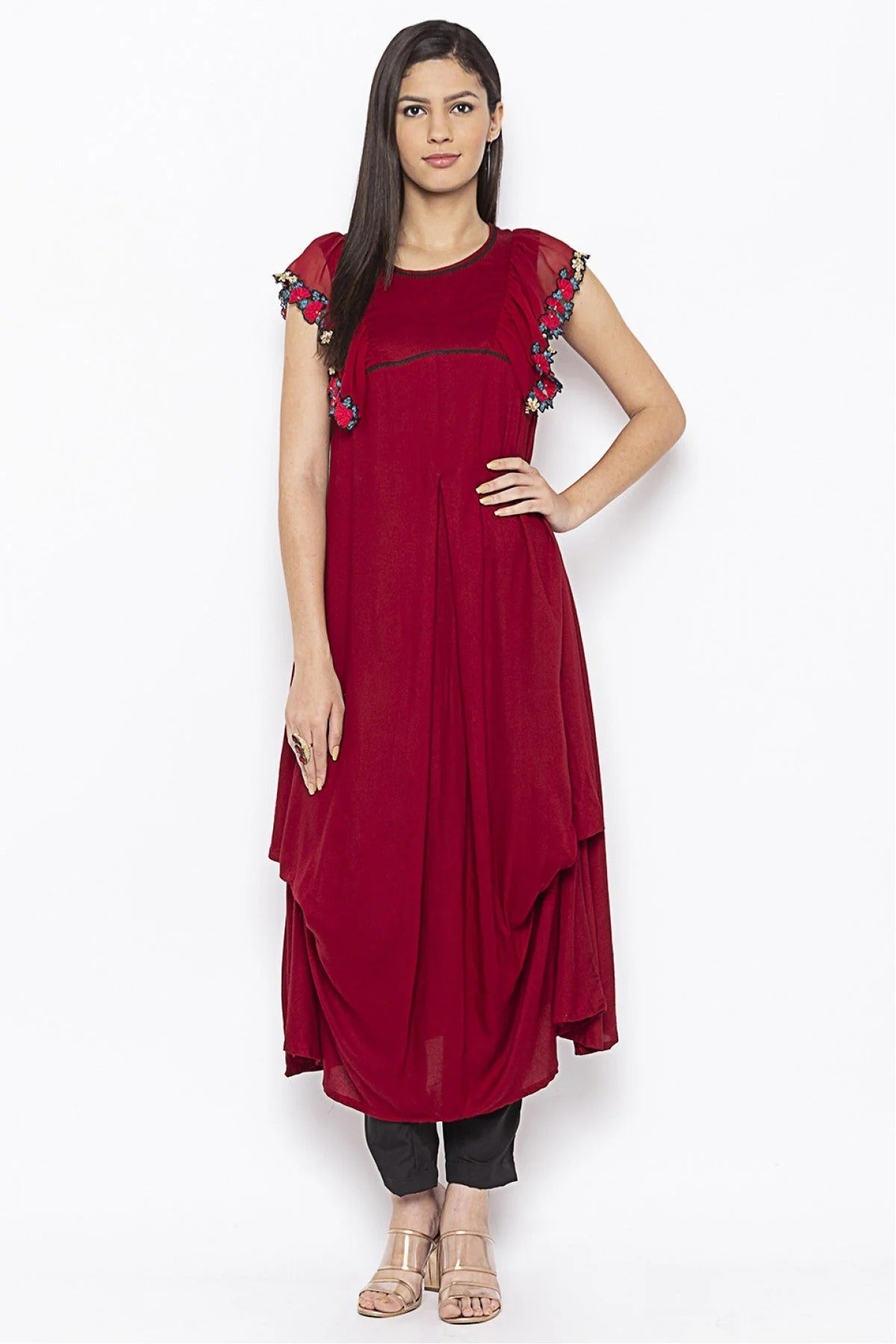 Maroon Plus Size Cotton Embroidery Kurti NCKR10710342