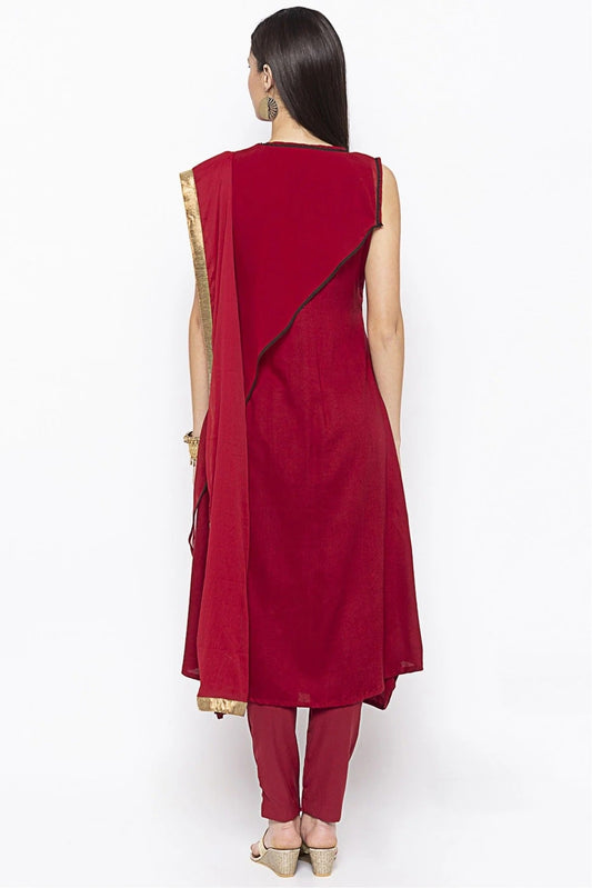 Maroon Plus Size Cotton Embroidery Pant Style Suit NCSS10710636