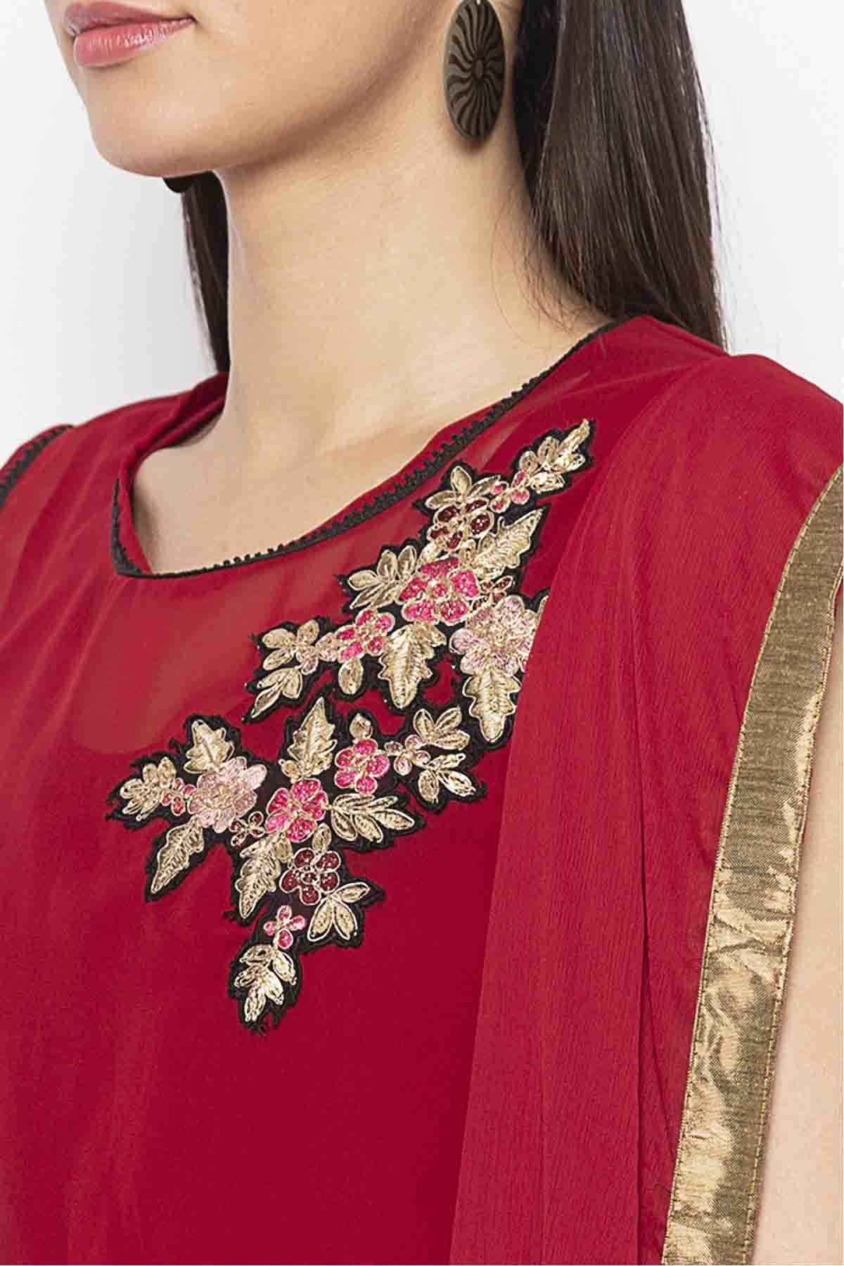 Maroon Plus Size Cotton Embroidery Pant Style Suit NCSS10710636