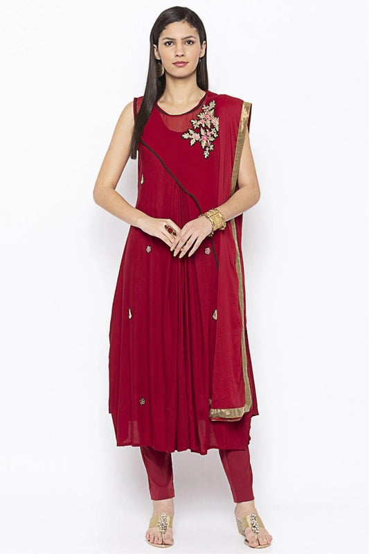 Maroon Plus Size Cotton Embroidery Pant Style Suit NCSS10710636