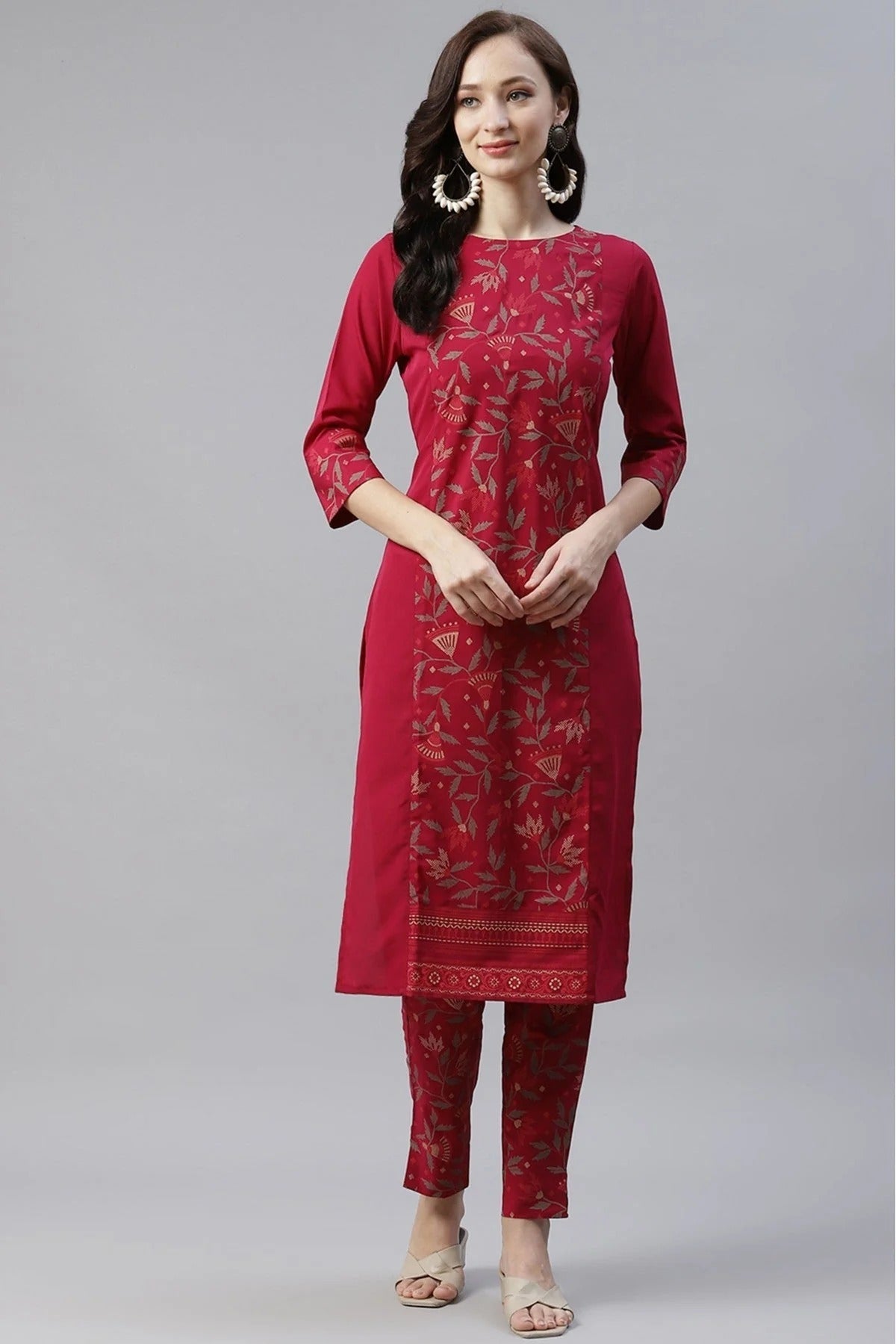 Maroon Plus Size Crepe Foil Print KurtiWith Pant Set NCKR10610134