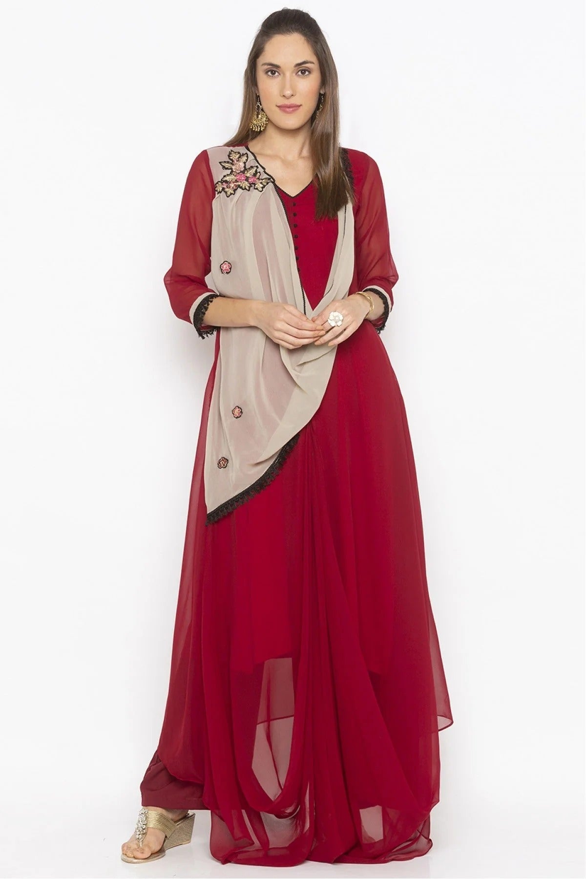 Maroon Plus Size Georgette Embroidery Kurta Set NCKR10710420