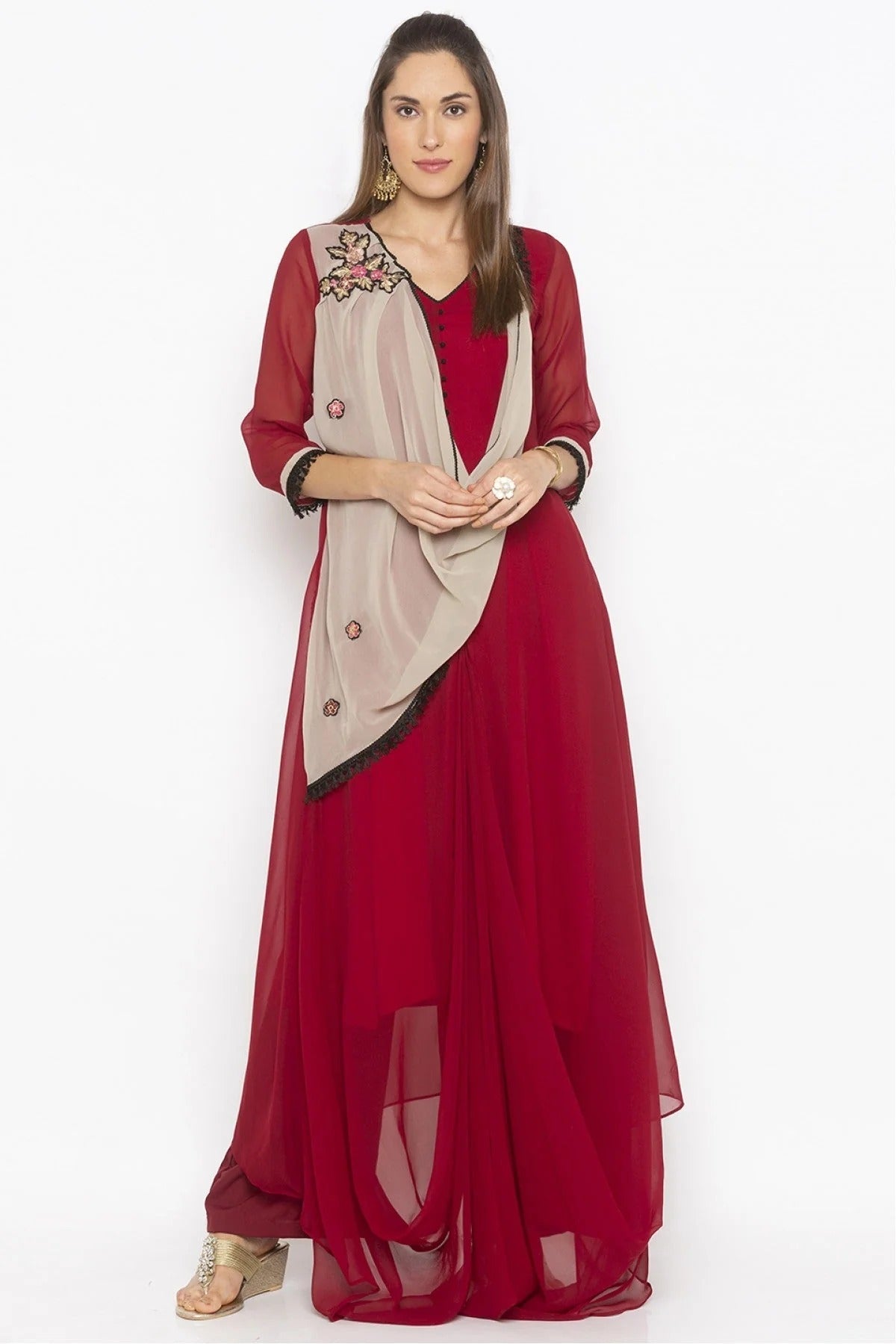 Maroon Plus Size Georgette Embroidery Kurti NCKR10710392