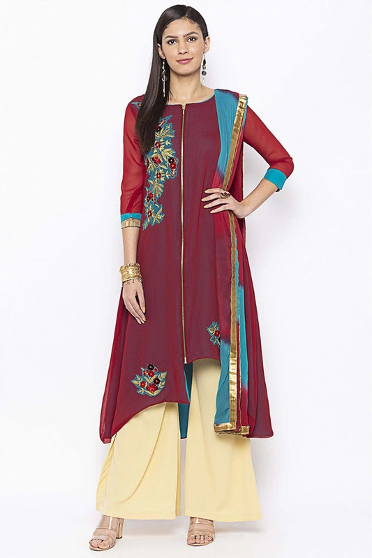 Maroon Plus Size Georgette Embroidery Palazzo Pant Suit NCSS10710655