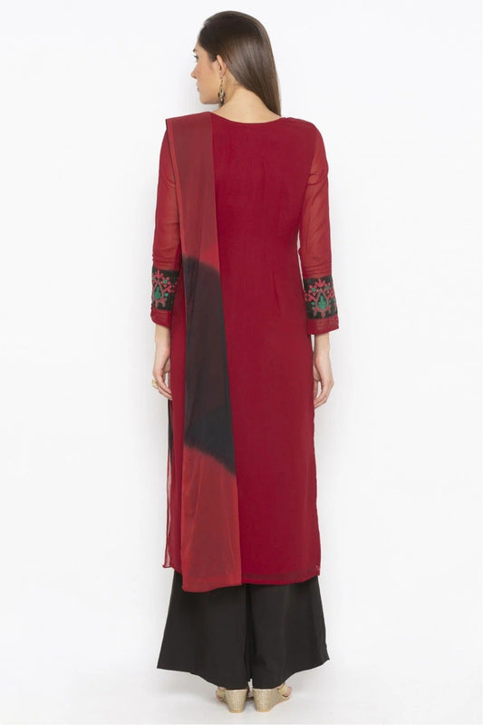Maroon Plus Size Stitched Georgette Embroidery Palazzo Pant Suit NCSS10710608