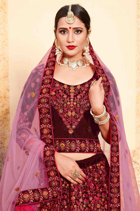 Maroon Satin Embroidery Lehenga Choli NCLC10810446