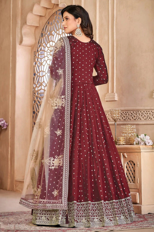Maroon Semi Stitched Taffeta Silk Anarkali Suit NCSM10510299