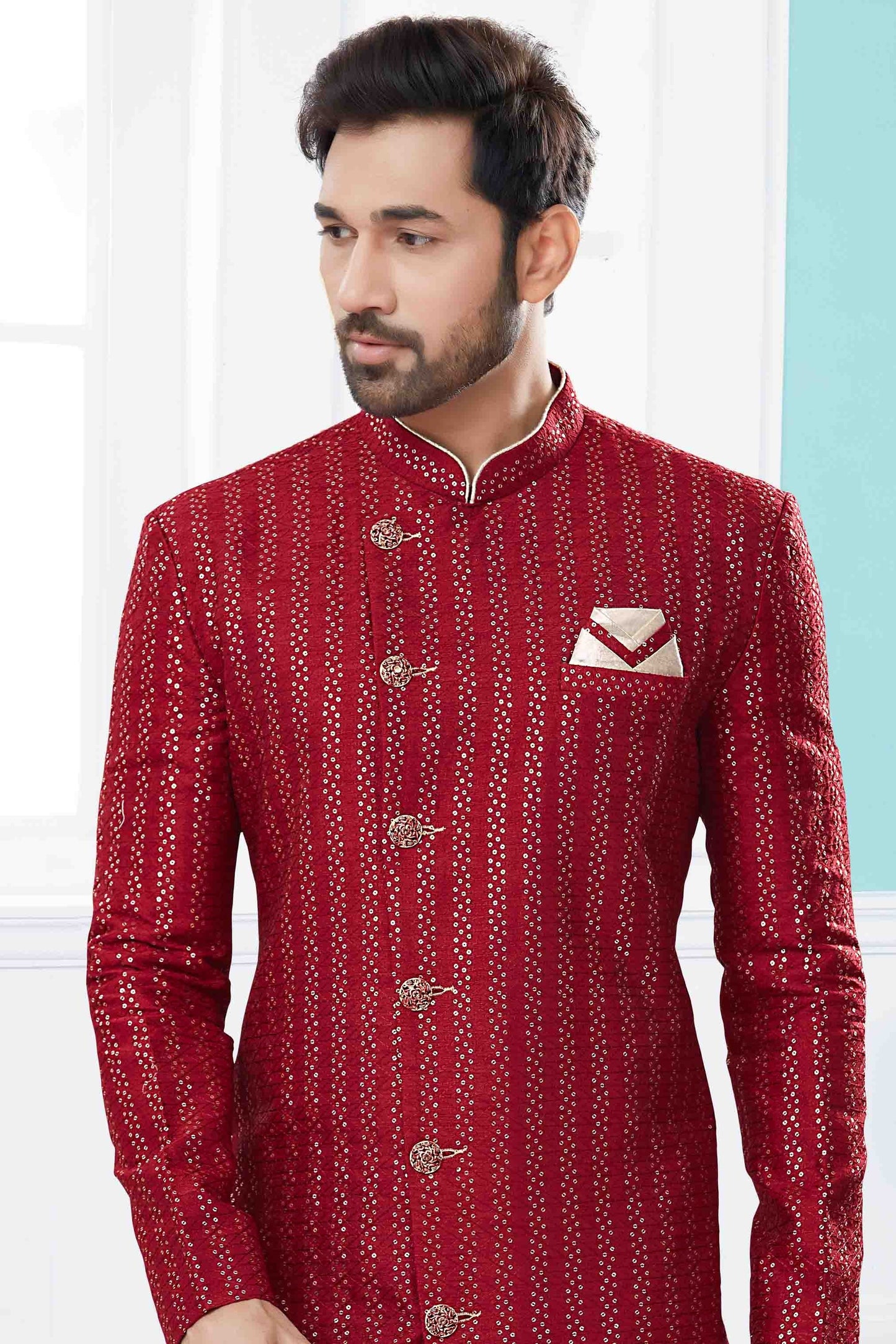 Maroon SherwaniIn Jacquard NCSH10410517