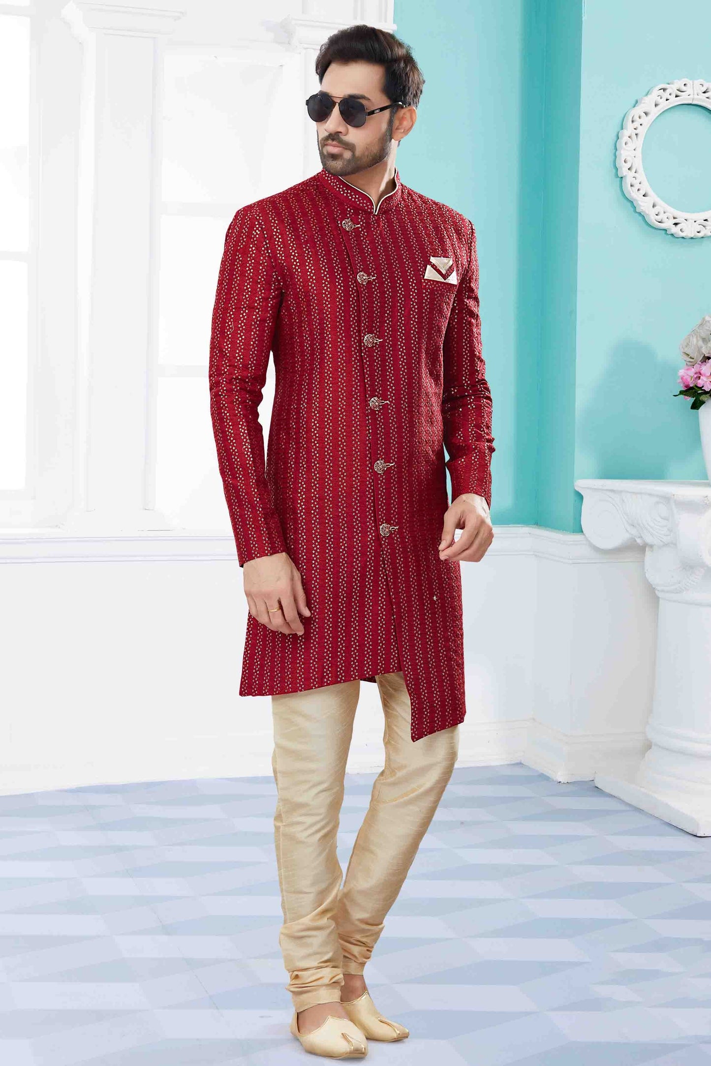 Maroon SherwaniIn Jacquard NCSH10410517