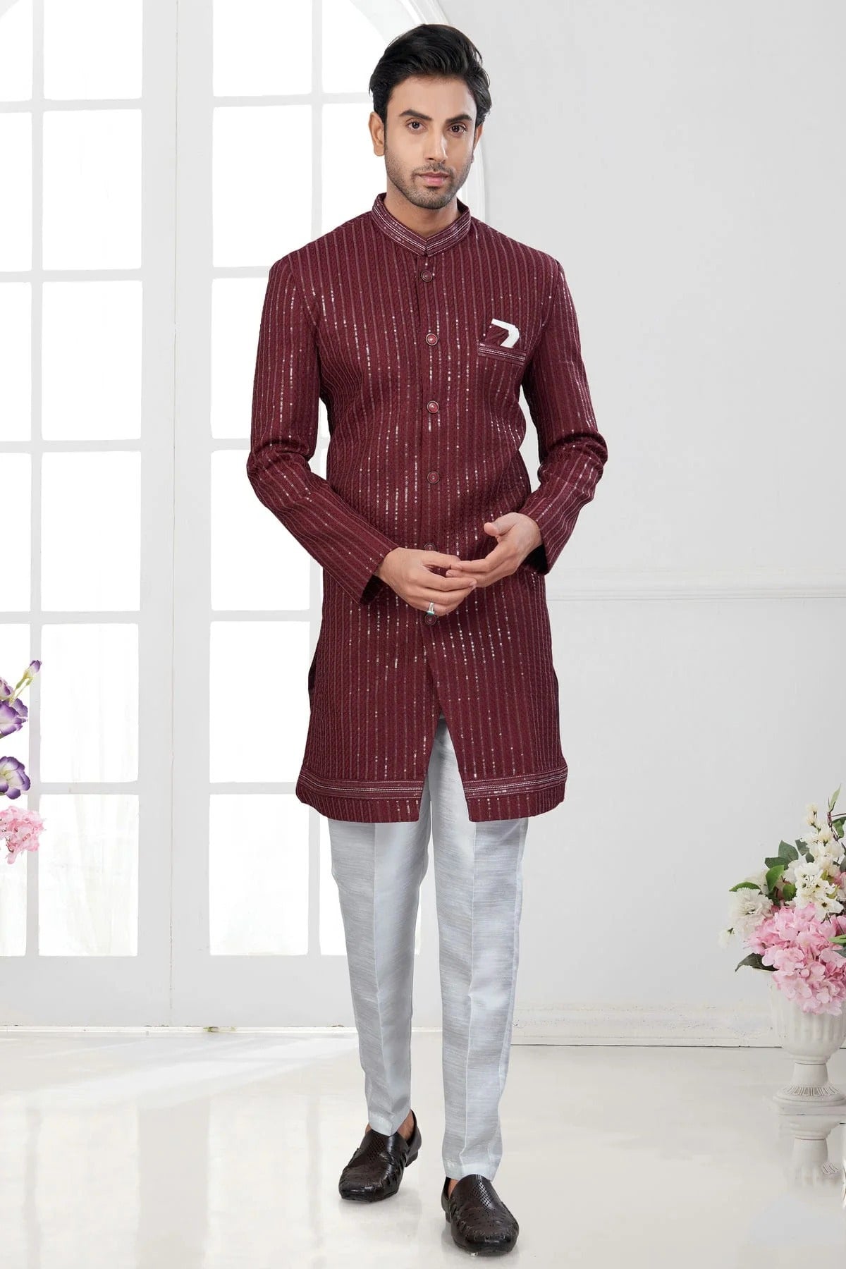 Maroon Silk Dupion Sherwani NCSH10410166