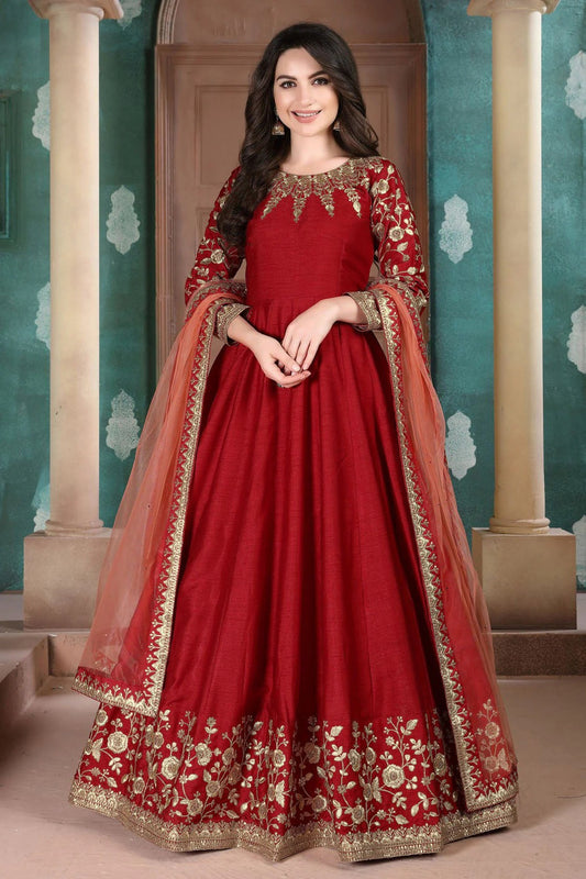Maroon Silk Embroidery Anarkali Suit NCSM10510360