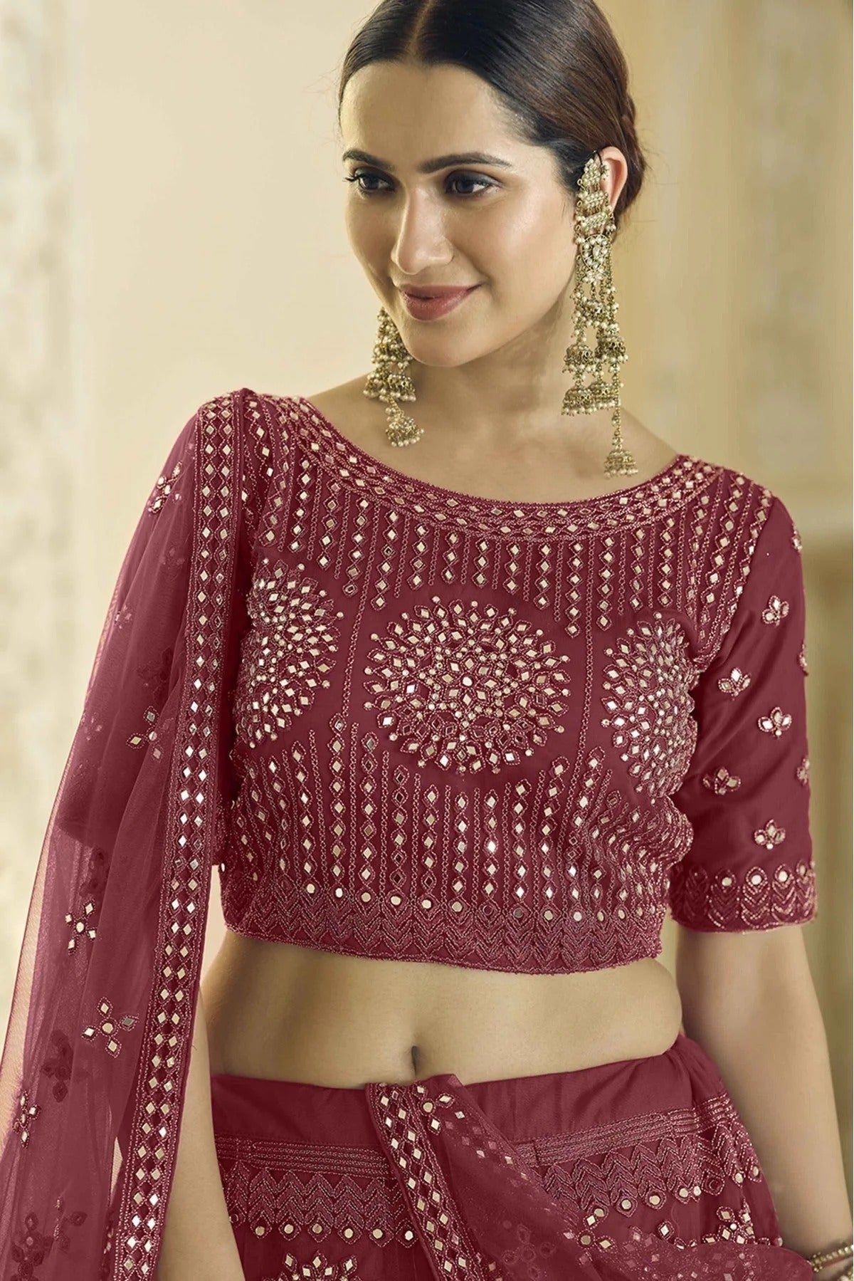 Maroon Soft Net Mirror Lehenga Choli NCLC10810495