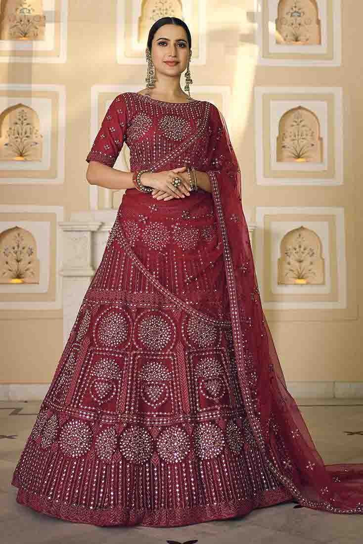 Maroon Soft Net Mirror Lehenga Choli NCLC10810495