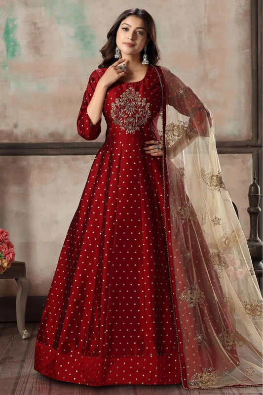 Maroon Taffeta Silk Anarkali Suit NCSM10510320