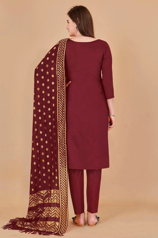 Maroon Unstitched Cotton Jacquard Straight Suit NCUS11610379