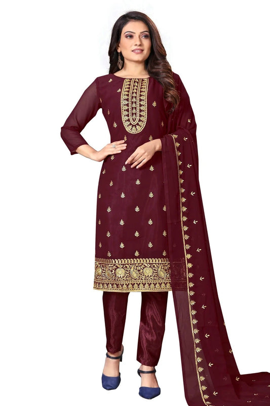Maroon Unstitched Faux Georgette Straight Suit NCUS11610493