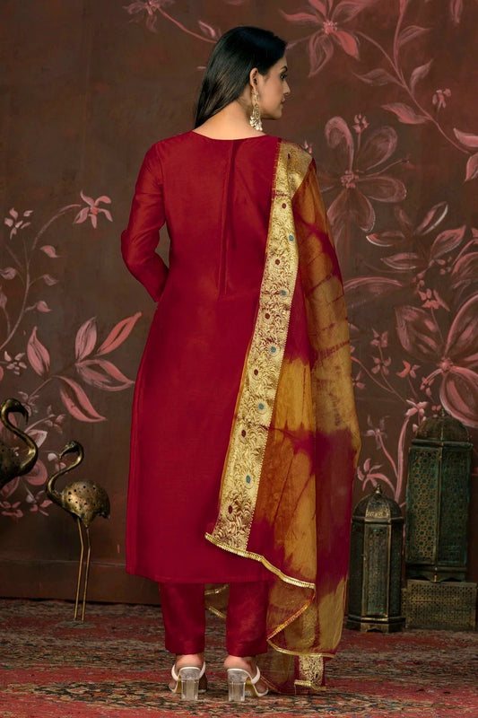 Maroon Unstitched Modal Cotton Pant Style Suit NCUS11610179