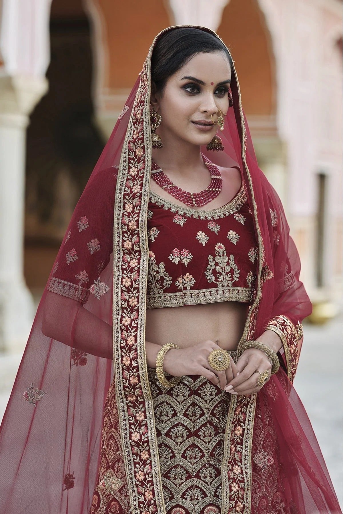 Maroon Velvet Hand Lehenga Choli NCLC10810384