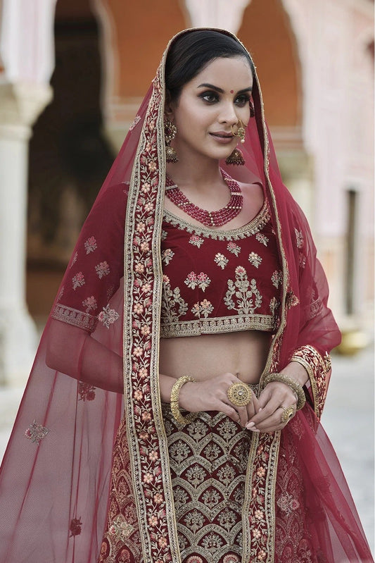 Maroon Velvet Hand Lehenga Choli NCLC10810384