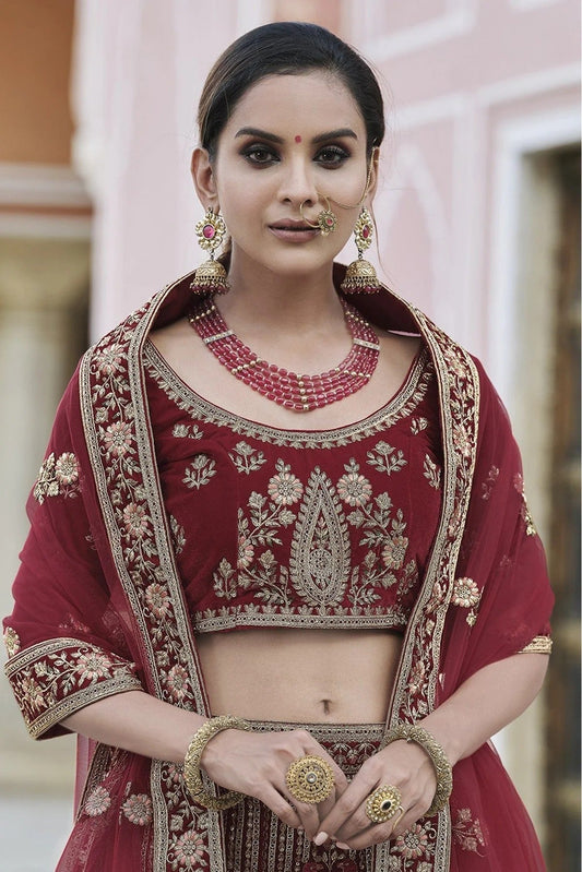Maroon Velvet Hand Lehenga Choli NCLC10810387