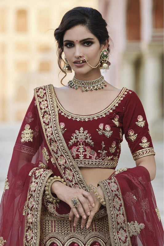 Maroon Velvet Hand Lehenga Choli NCLC10810392