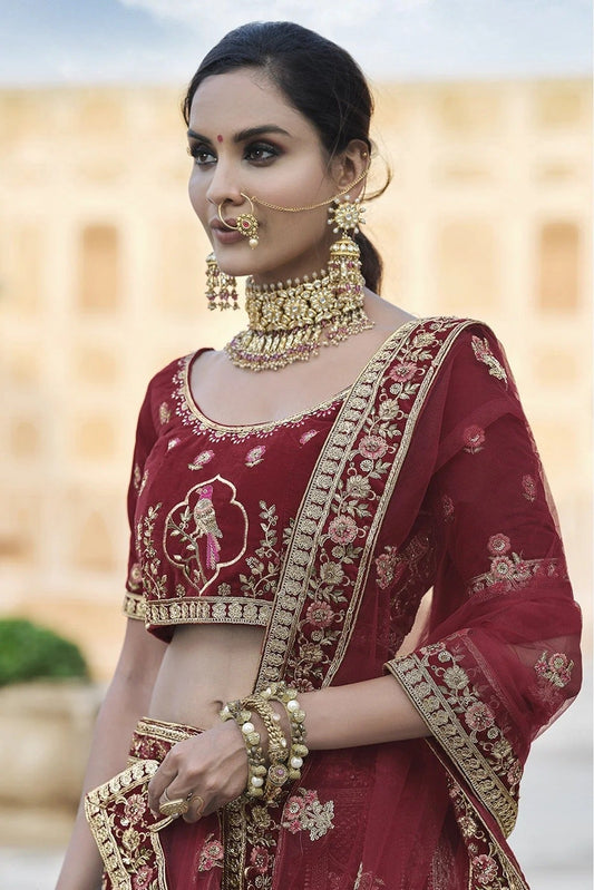 Maroon Velvet Hand Lehenga Choli NCLC10810394