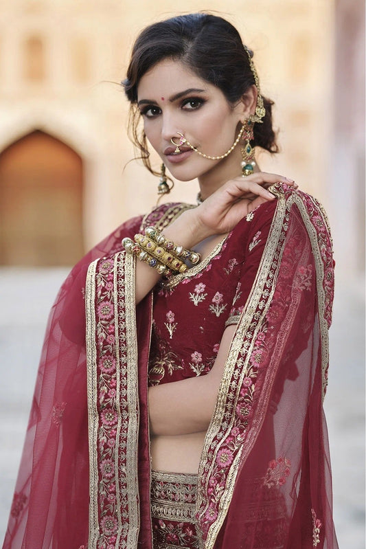 Maroon Velvet Hand Lehenga Choli NCLC10810396