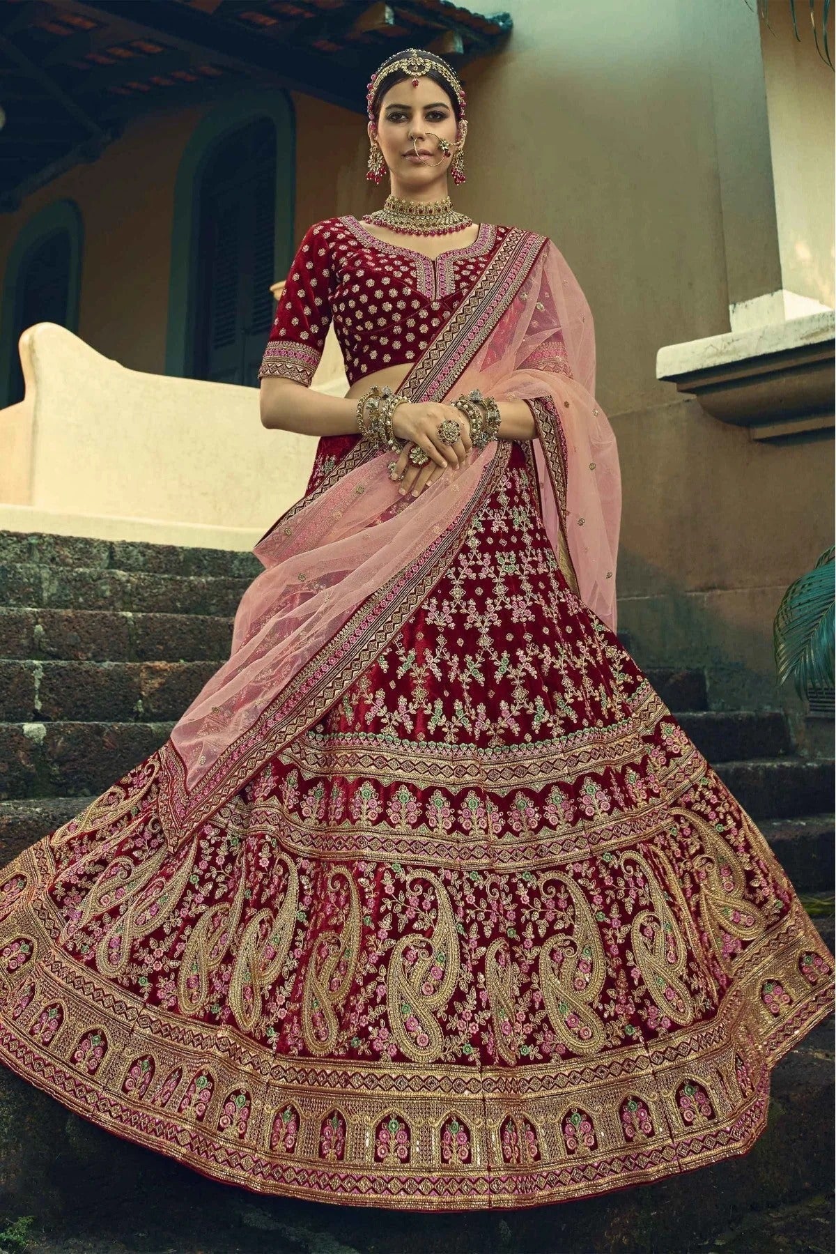 Maroon Velvet Hand Lehenga Choli NCLC10810469