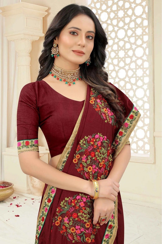 Maroon Vichitra Silk Embroidery Saree NCSD11210872