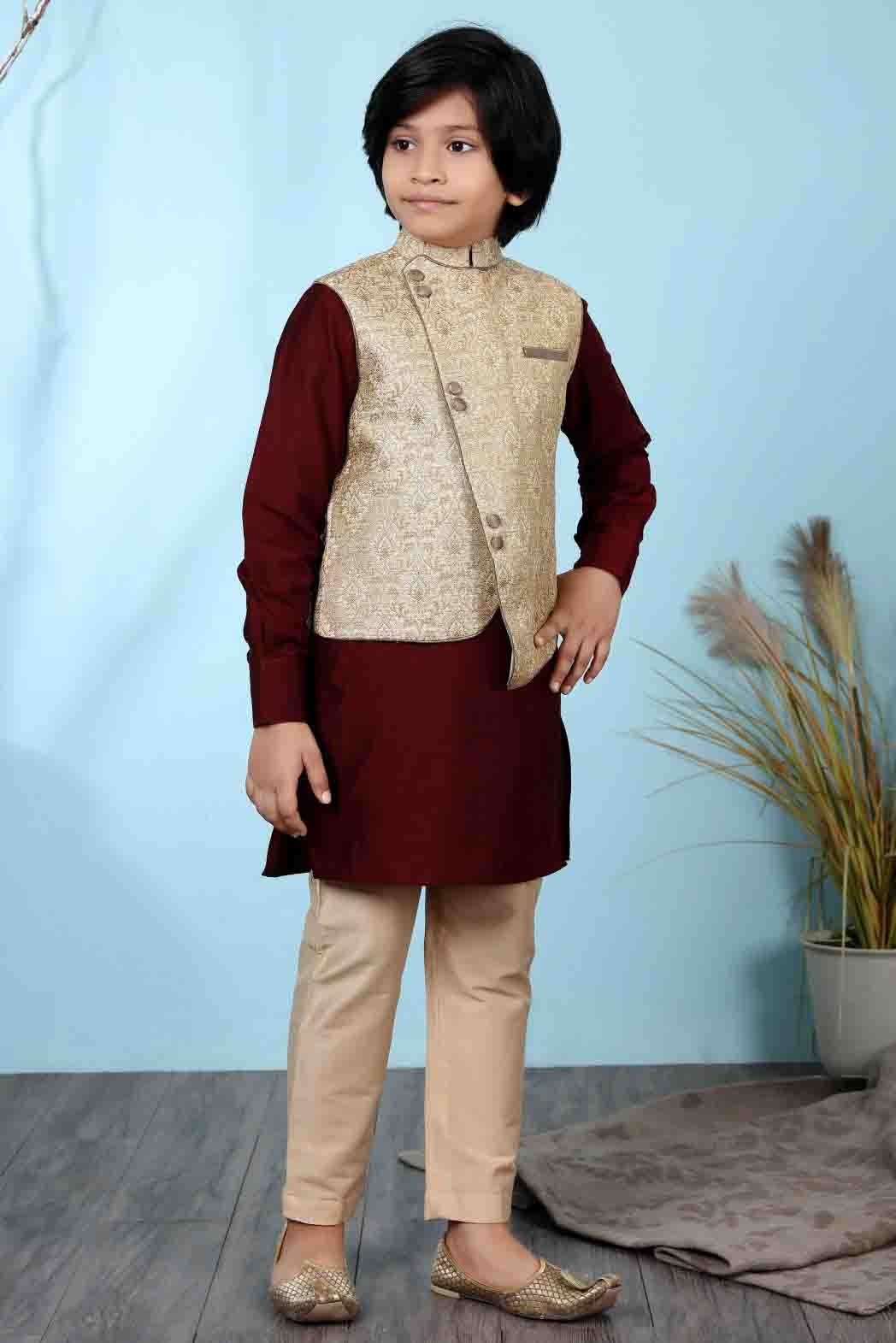 Maroon and Beige Cotton Silk Kurta PajamaWith Jacket NCBW10710700