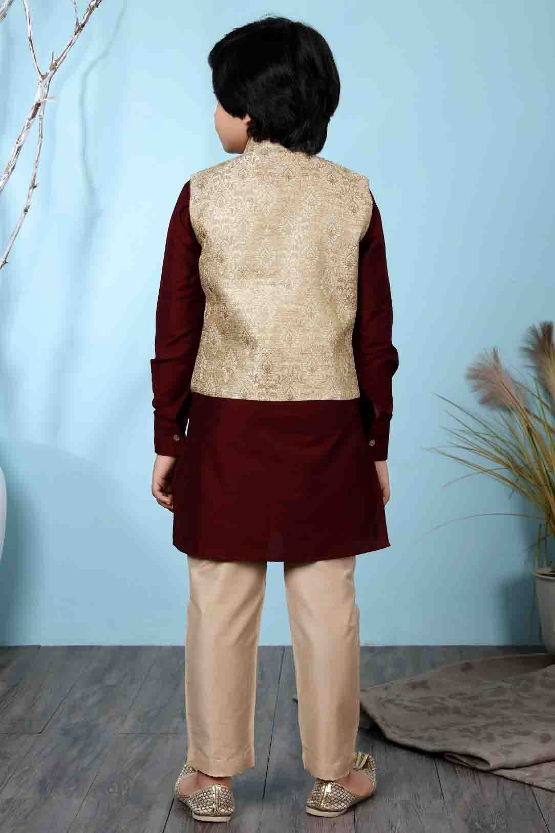 Maroon and Beige Cotton Silk Kurta PajamaWith Jacket NCBW10710700