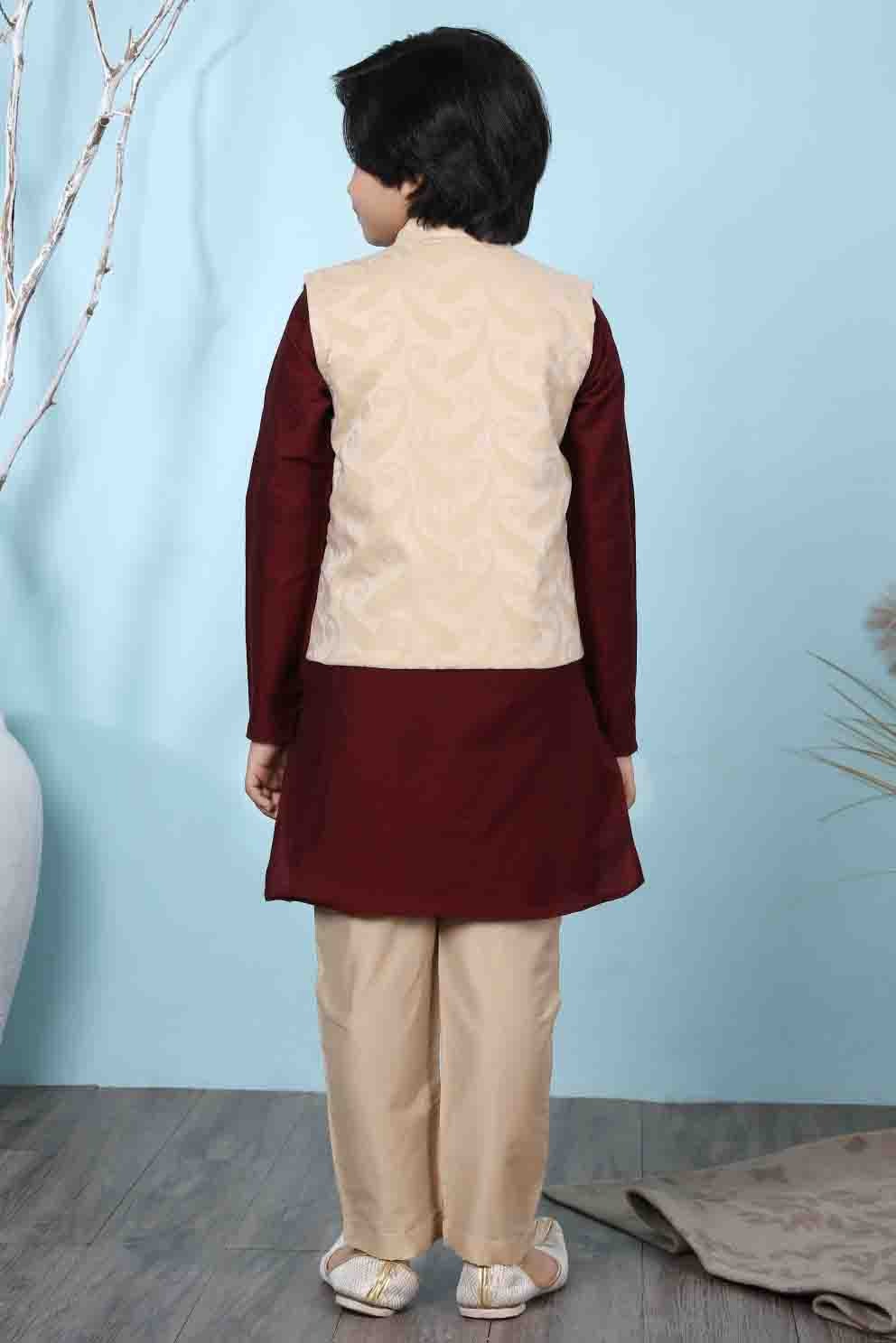 Maroon and Beige Cotton Silk Kurta PajamaWith Jacket NCBW10710705