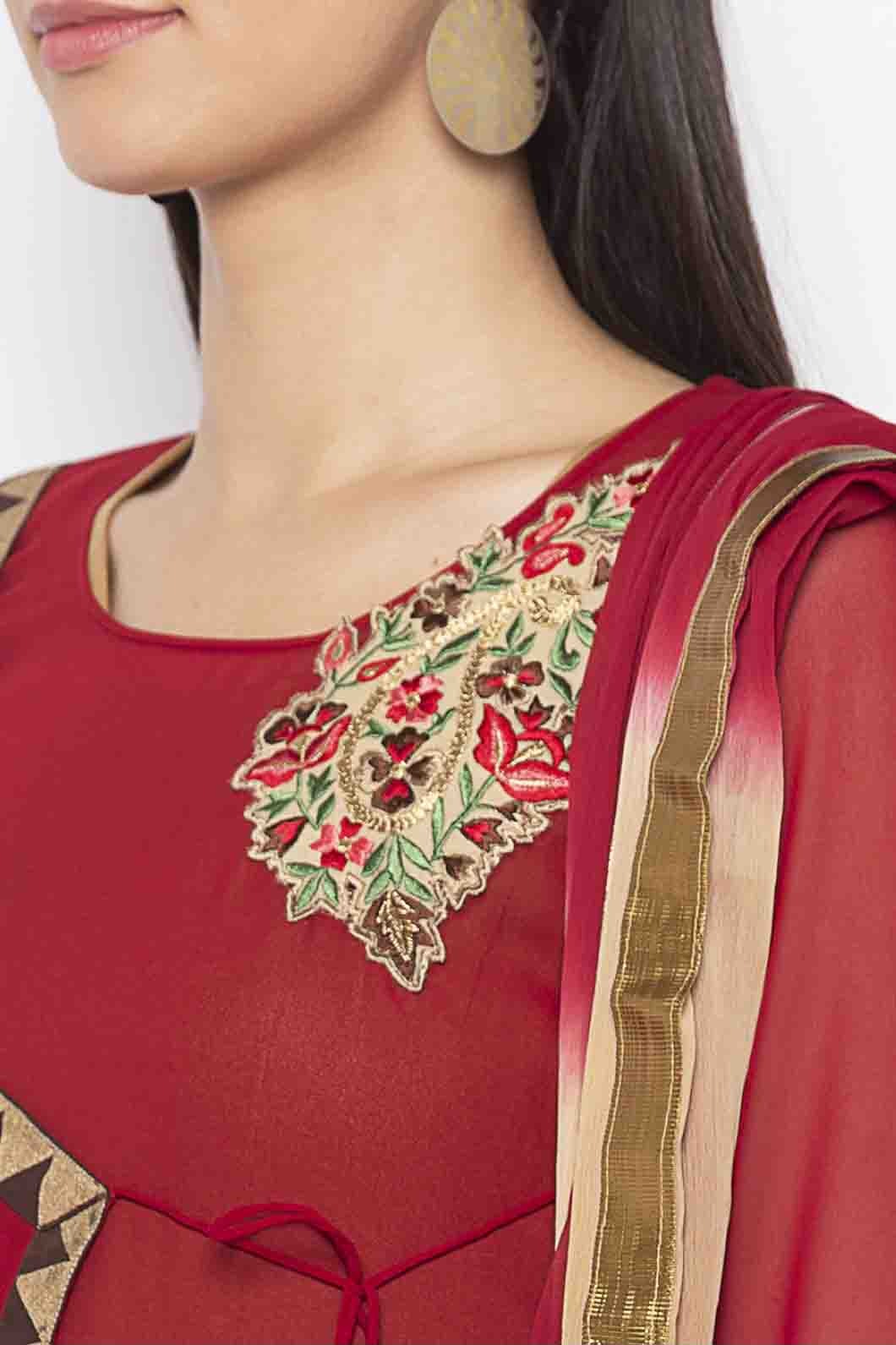 Maroon and Beige Plus Size Georgette Embroidery Pant Style Suit NCSS10710666