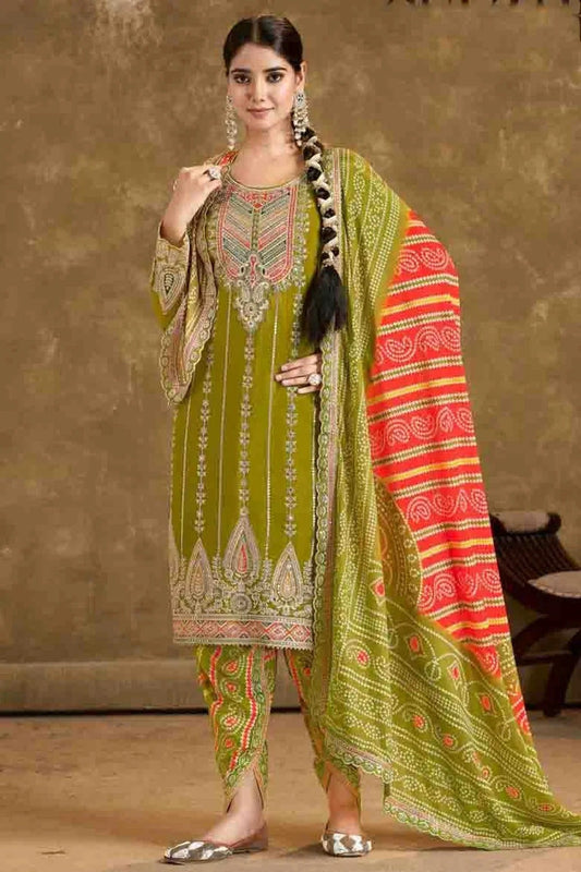 Mehendi Green Chinon Patiala Suit NCSM11410216