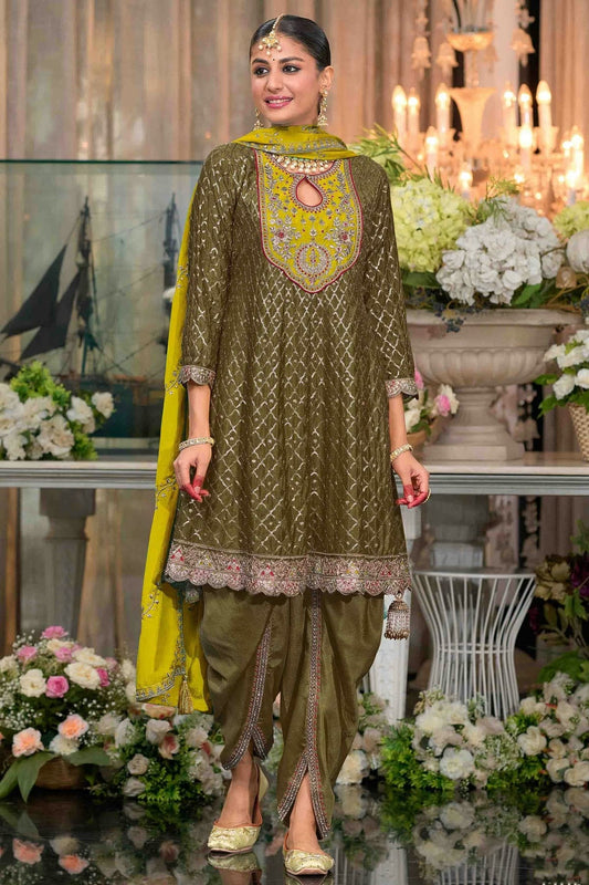 Mehendi Green Chinon Stitched Patiala Suit NCSS11410179