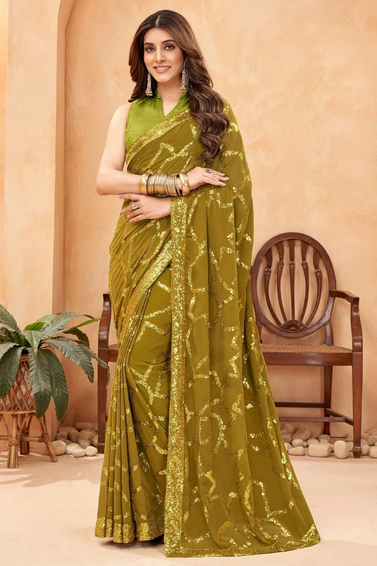 Mehendi Green Faux Georgette Designer Saree NCSD11112225