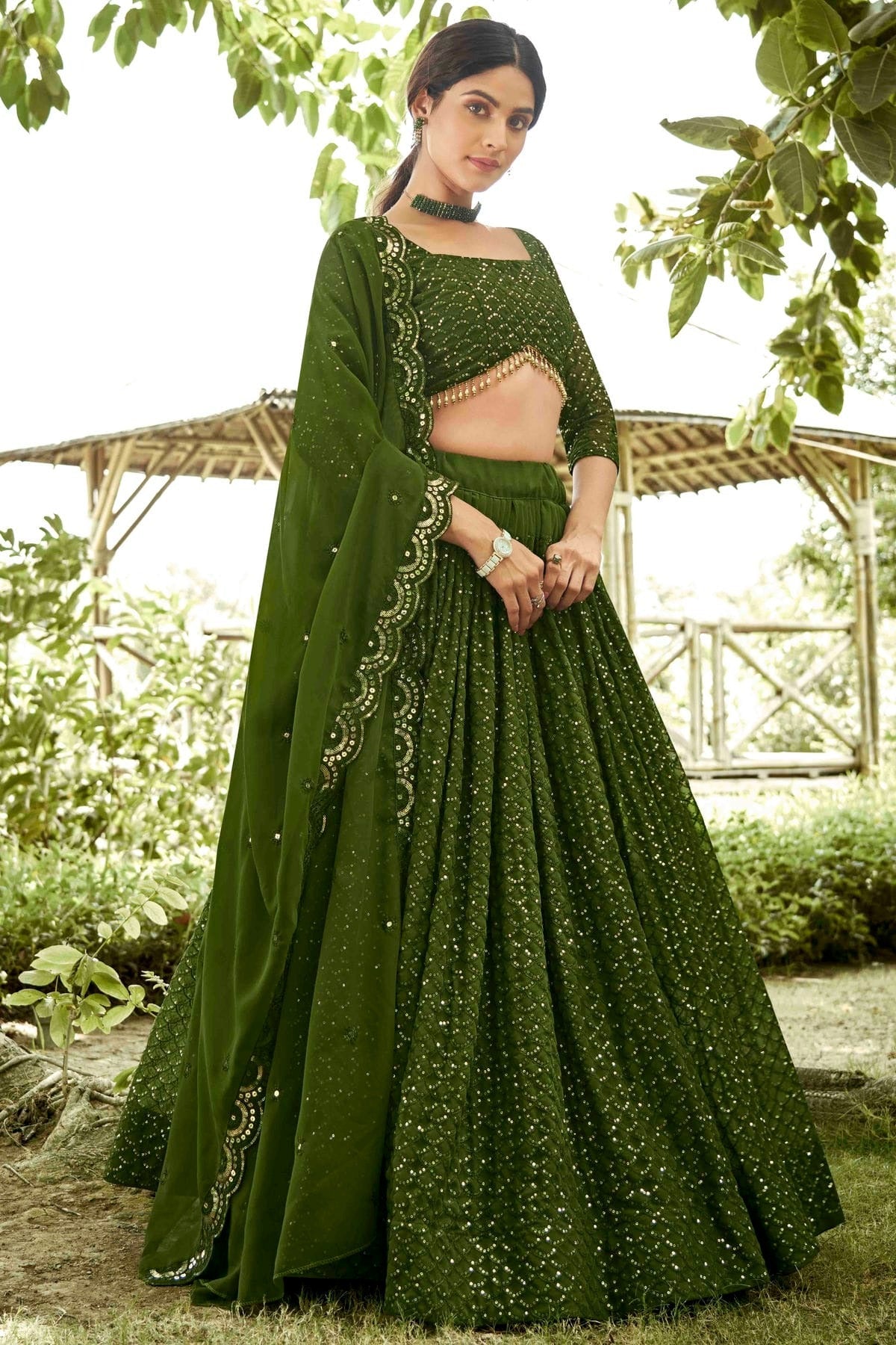 Mehendi Green Georgette Semi Stitched Lehenga Choli NCLC11710119