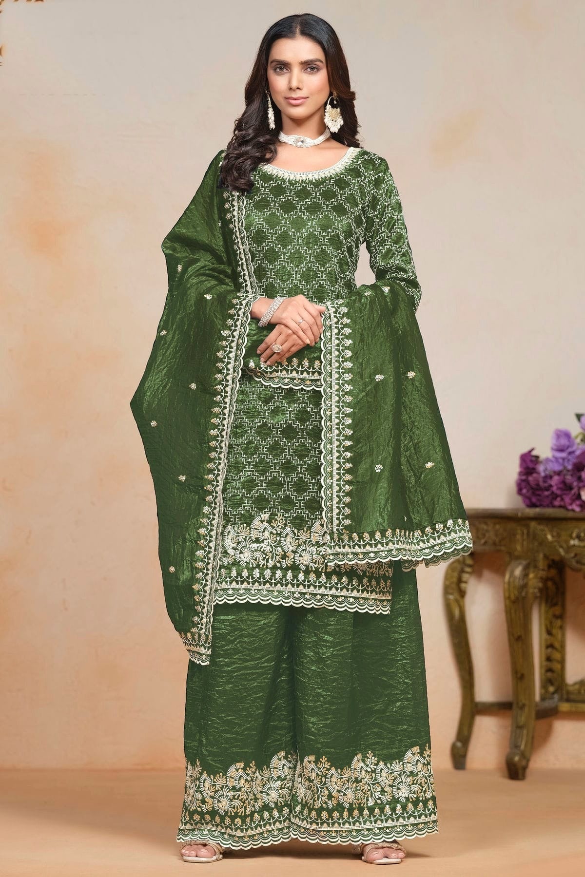 Mehendi Green Gold Crush Semi Stitched Palazzo Pant Suit NCSM10510181