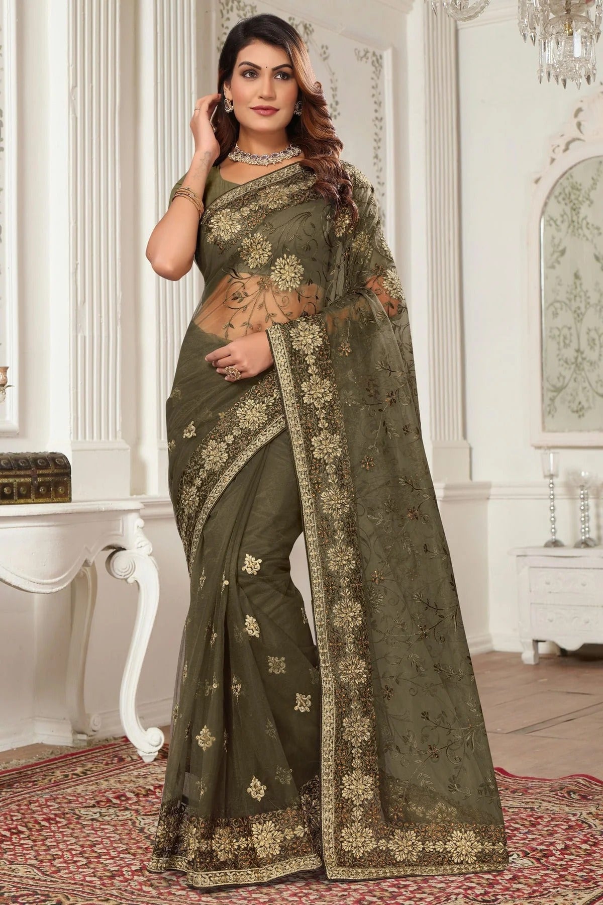 Mehendi Green Net Designer Saree NCSD10910209