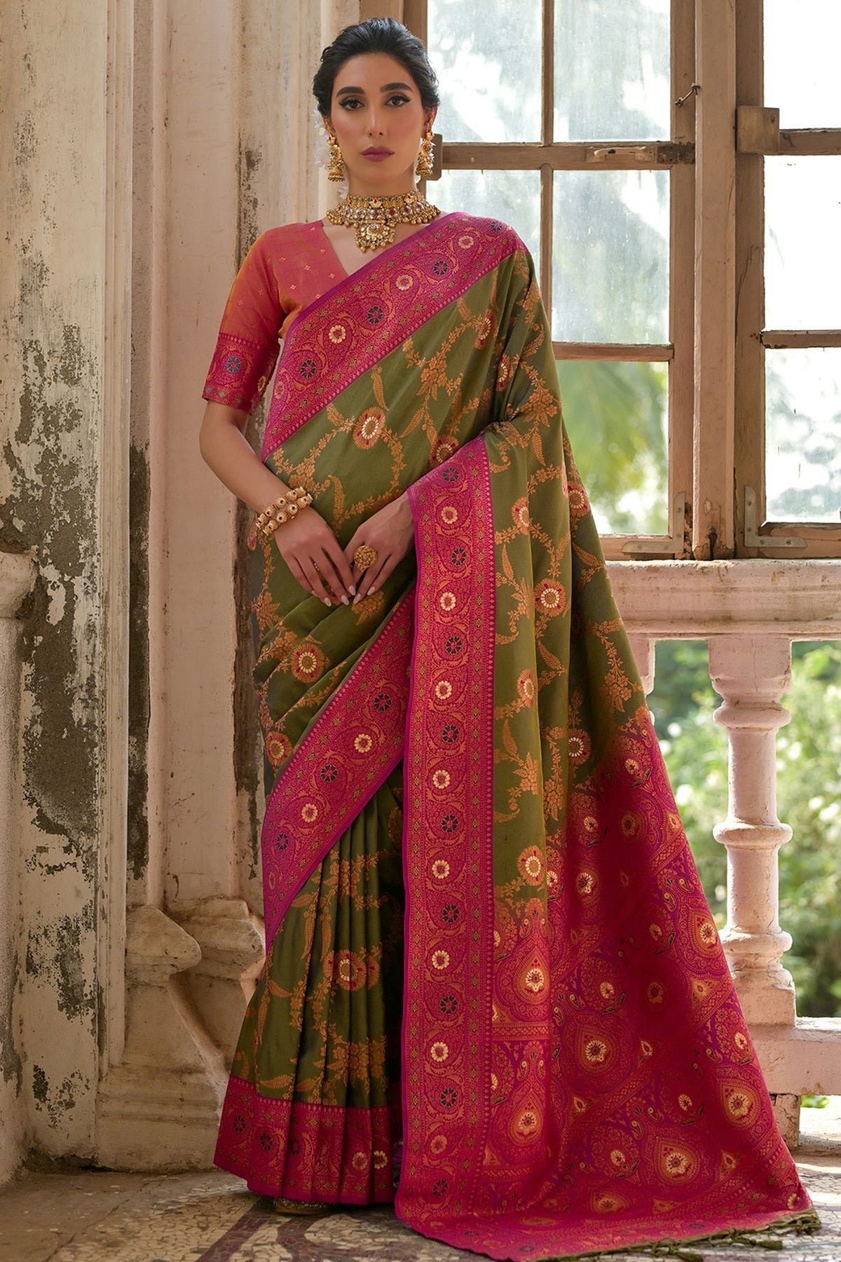 Mehendi Green Woven Banarasi Silk Saree NCSD12610184