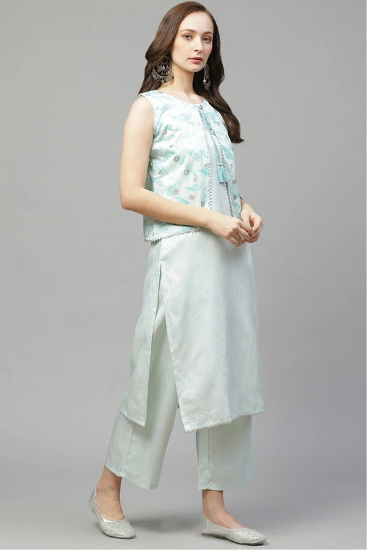 Mint Green Plus Size Poly Silk Straight Kurta Palazzo Set NCKR10610110