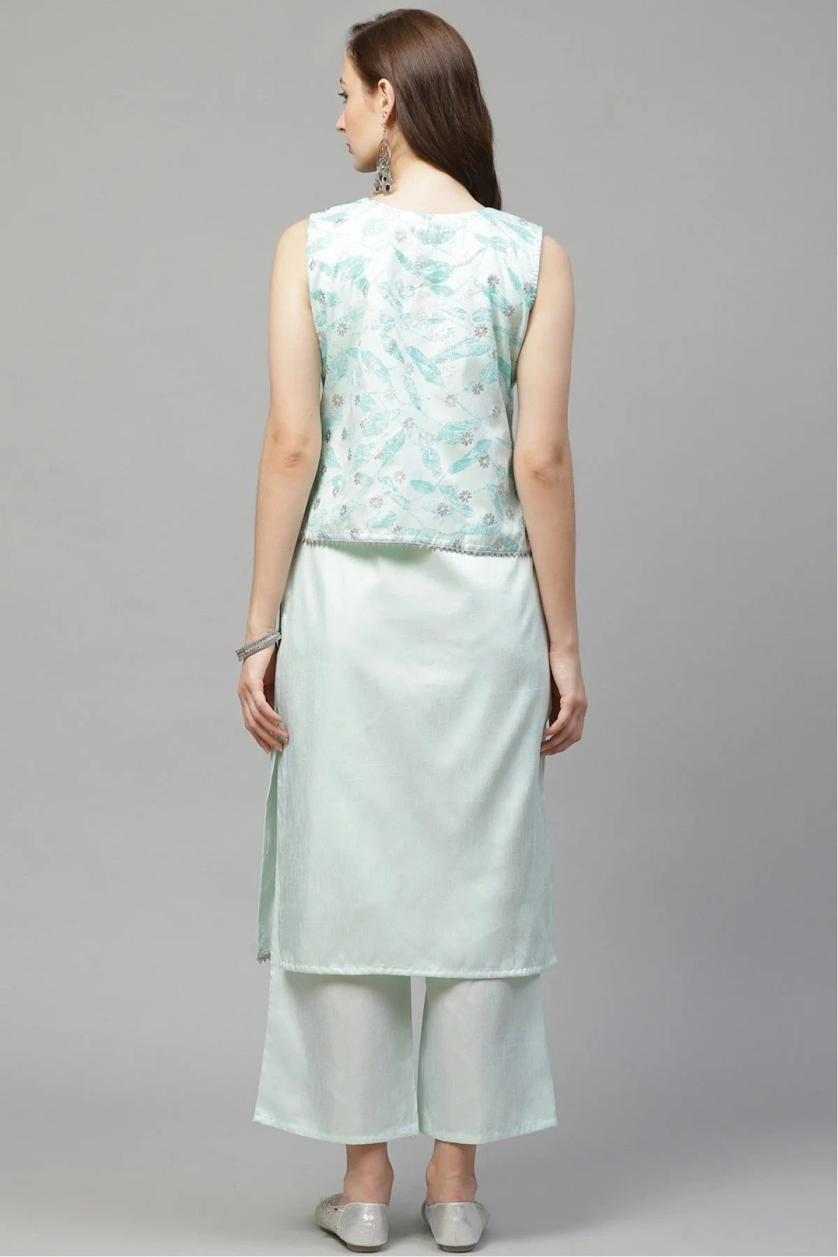 Mint Green Plus Size Poly Silk Straight Kurta Palazzo Set NCKR10610110