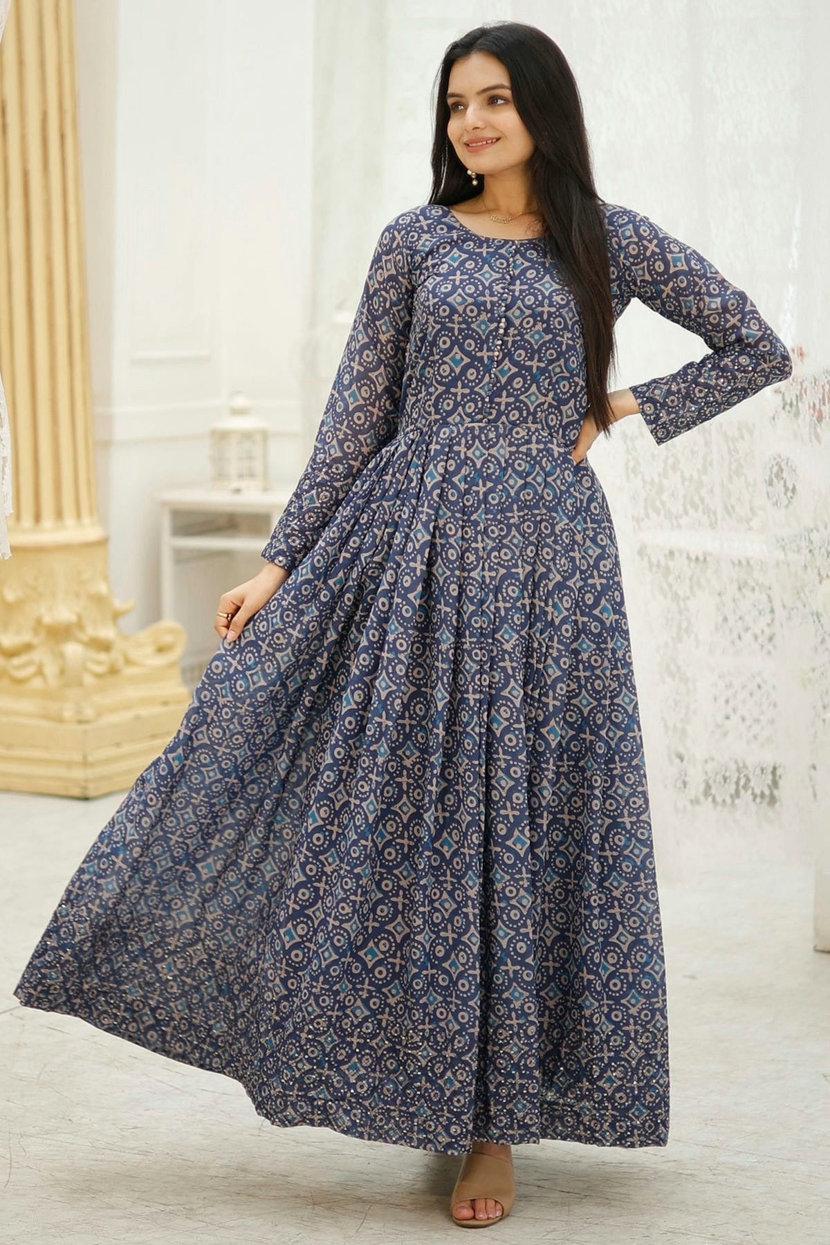 Multi Faux Georgette Stitched Gown NCGW11111355