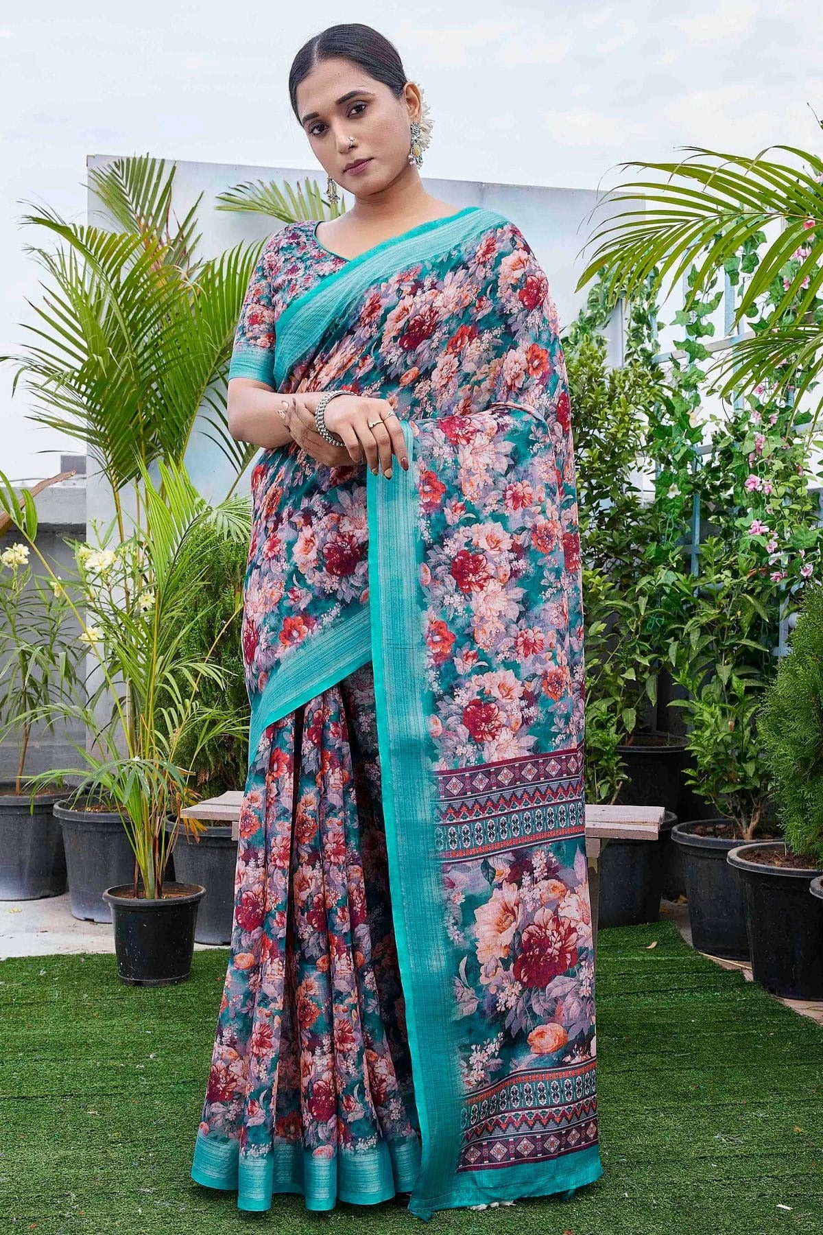 Multi Linen Blend Printed Saree NCSD11111845